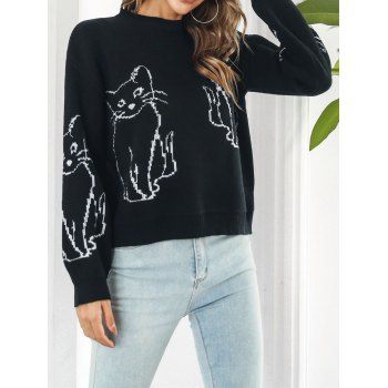 

Cat Pattern Sweater Round Neck Long Sleeve Pullover Sweater, Black