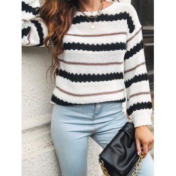 

Contrast Stripe Graphic Sweater Drop Shoulder Ribbed Hem Casual Sweater, White