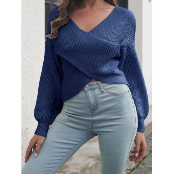 

Plain Color Sweater Crossover Textured V Neck Pullover Long Sleeve Sweater, Blue