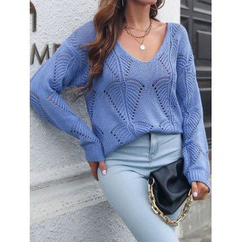 

Plain Color Sweater Hollow Out V Neck Long Sleeve Pullover Sweater, Blue