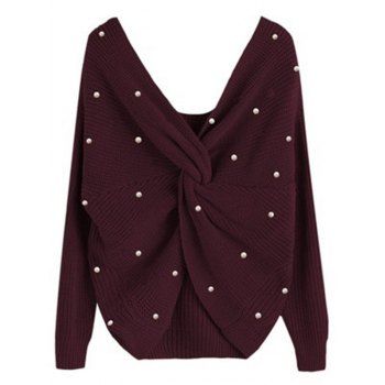 

Artificial Pearl Back Twisted Sweater Drop Shoulder V Neck Sweater, Deep red