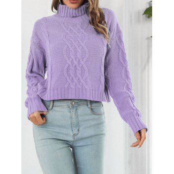 

Turtleneck Twisted Cable Knit Sweater Drop Shoulder Ribbed Hem Solid Color Sweater, Purple