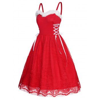

Christmas Dress Faux Fur Panel Lace Up Two Tone Color Lace High Waisted A Line Mini Dress, Red