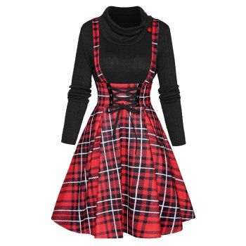 

Plaid Print Textured Knit Mini Faux Twinset Dress Lace Up Long Sleeve 2 In 1 Dress, Black