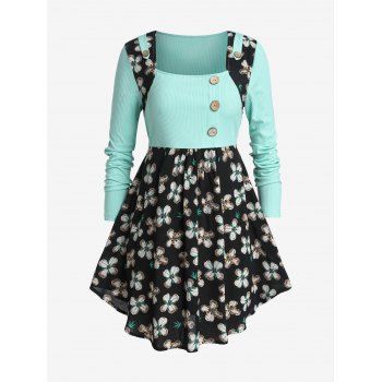 

Plus Size Floral Print Buttons 2fer Peplum T Shirt, Black