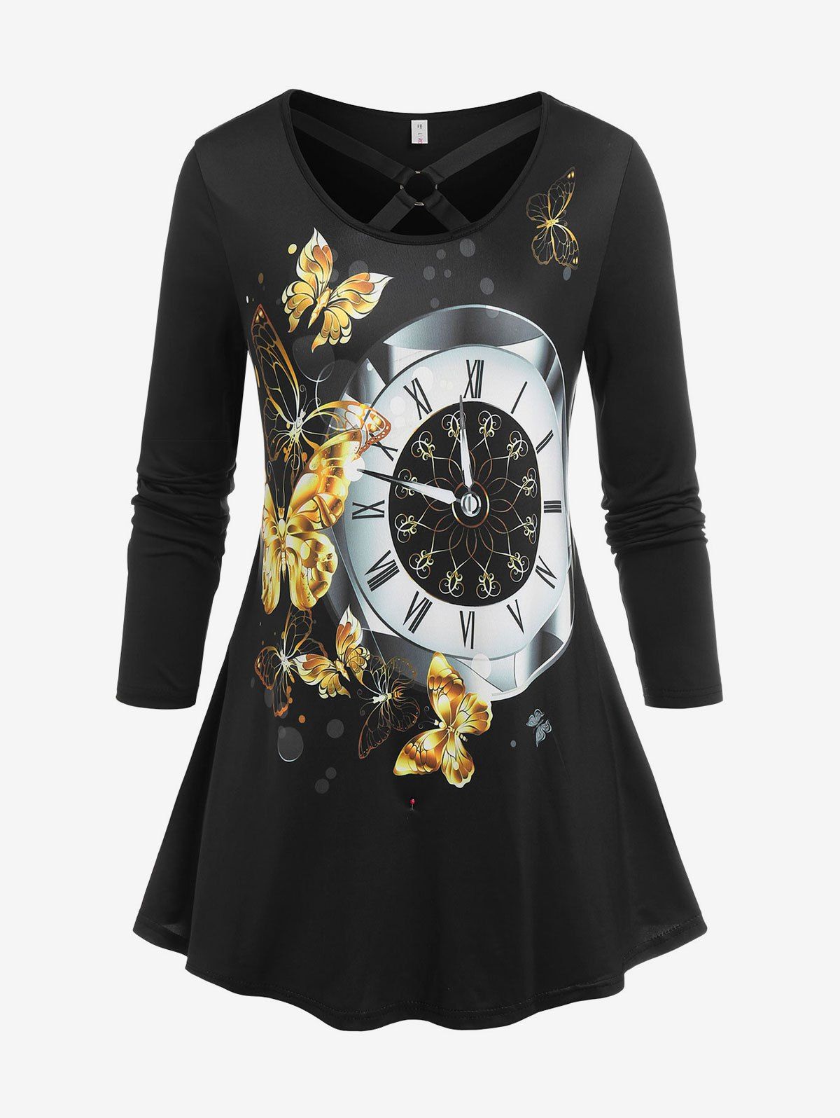 Plus Size Butterfly Clock Print O Ring T-shirt - BLACK 4X