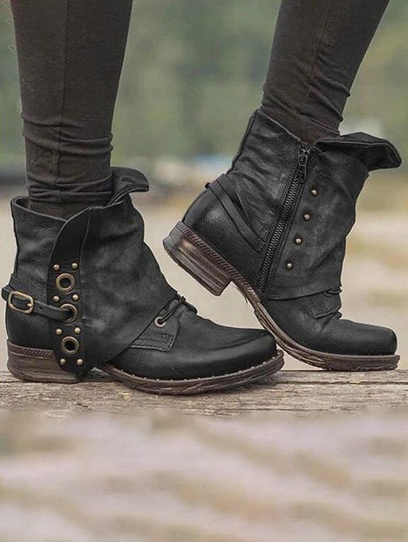 Bottines en Cuir PU de Couleur Unie avec Fermeture Éclair en Métal - Noir EU 35