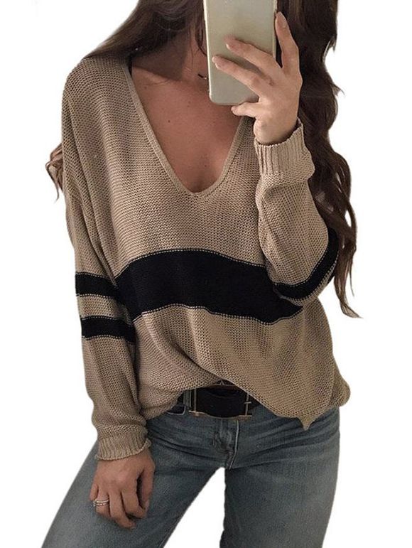 Contrasting Stripe Graphic Sweater Drop Shoulder V Neck Casual Sweater - LIGHT COFFEE 2XL
