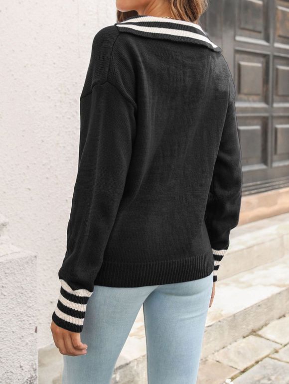 Pull Rayé Contrasté Goutte Epaule à Col V - Noir M