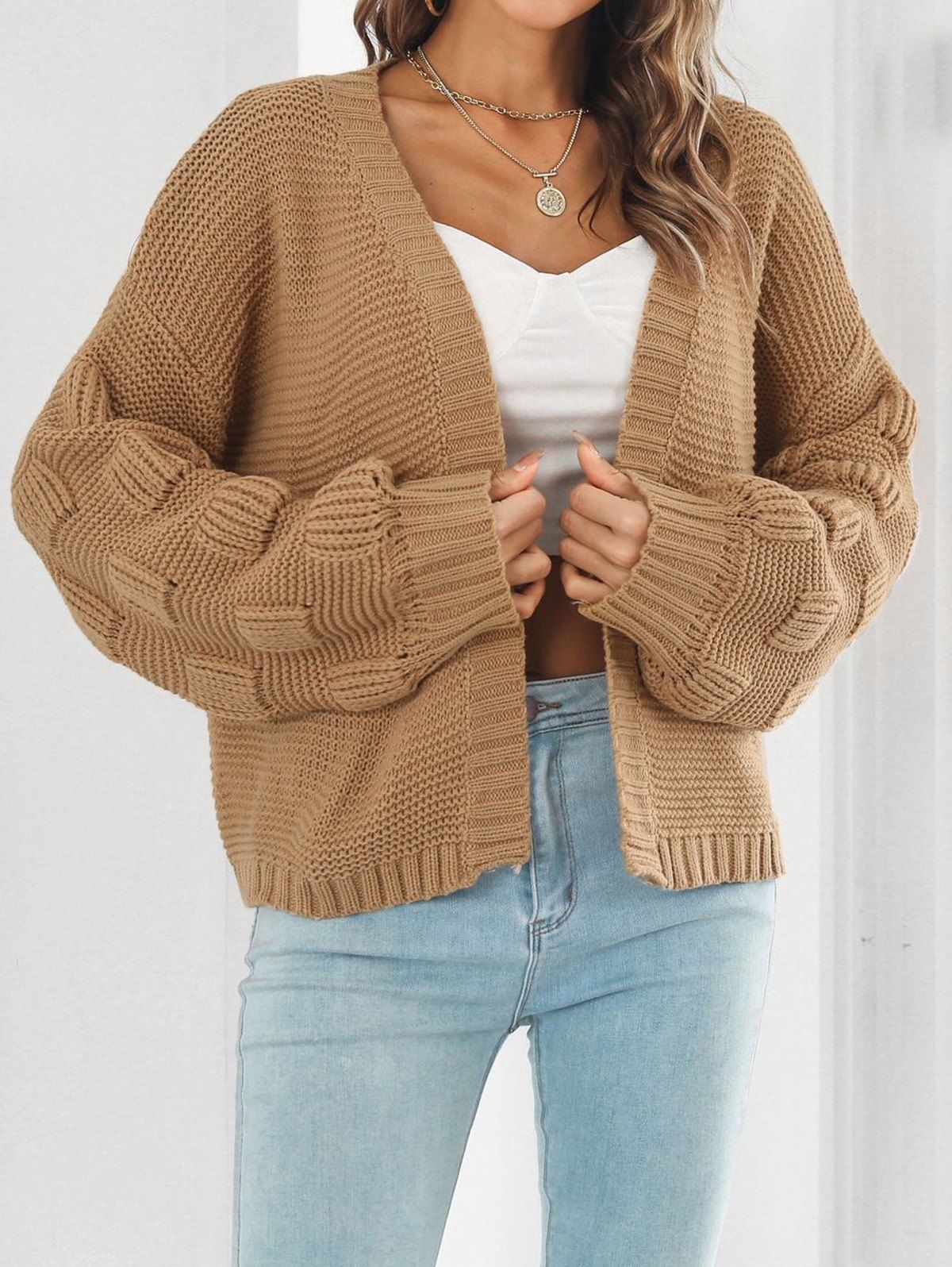Textured Sweater Cardigan Plain Color Open Front Long Sleeve Sweater Cardigan - DEEP YELLOW L