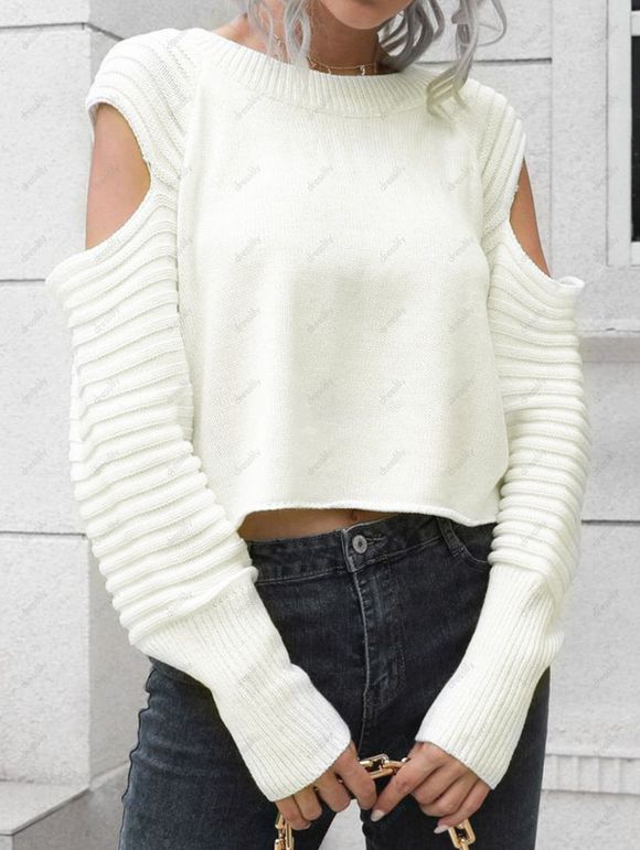 Pull Texturé Simple Découpé en Couleur Unie à Manches Longues - Blanc S