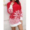 Christmas Sweater Dress Snowflake Pattern Round Neck Long Sleeve Shift Mini Sweater Dress - RED S