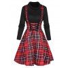 Mini Robe de Noël Texturée Tricotée à Carreaux Imprimé à Lacets Faux Deux Pièces - Noir S