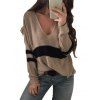 Contrasting Stripe Graphic Sweater Drop Shoulder V Neck Casual Sweater - LIGHT COFFEE 2XL