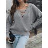 Textured Sweater Crisscross Plain Color Surplice Plunging Neck Long Sleeve Pullover Sweater - GRAY L