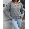 Textured Sweater Crisscross Plain Color Surplice Plunging Neck Long Sleeve Pullover Sweater - GRAY M