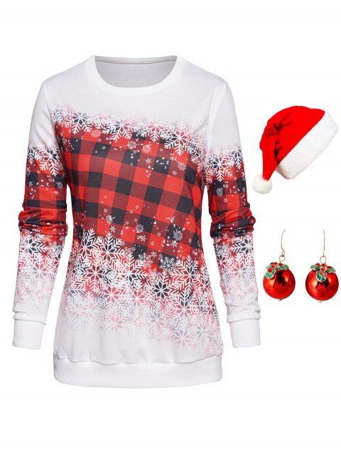 Snowflake Plaid Print Crew Neck Sweatshirt And Bell Earrings Faux Fur Hat Christmas Outfit
