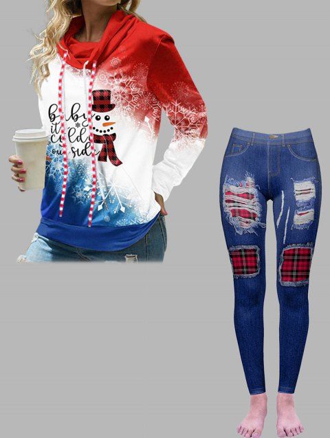 Snowman Snowflake Letter Colorblock Drawstring Sweatshirt And 3D Plaid Ripped Print Leggings Christmas Outfit