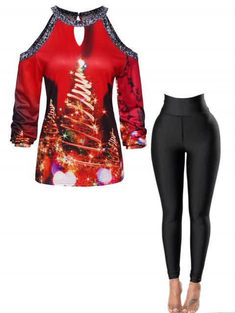 Sparkly Christmas Tree Print Cut Out Keyhole Long Sleeve Top And Topstitching Leggings Casual Outfit