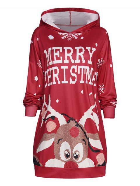 Christmas Cute Elk Snowflake Print Hoodie Dress Drop Shoulder Long Sleeve Mini Hooded Dress