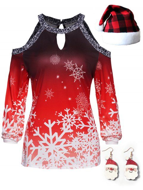 Snowflake Print Cold Shoulder Cut Out Keyhole Top And Sequined Santa Claus Earrings And Plaid Hat Christmas Outfit