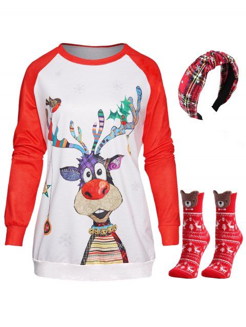 Ensemble de Sweat-shirt de Noël à Imprimé Animal Mignon à Carreaux à Manches Raglan et Chaussettes
