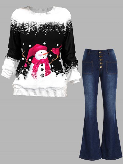 Snowman Snowflake Print Raglan Sleeve Sweatshirt And Button Fly Patch Pockets Flare Jeans Christmas Outfit