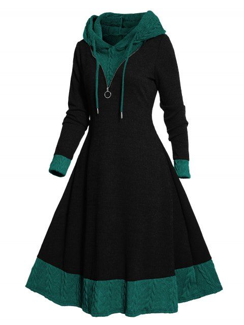 Colorblock Textured Knit Hooded Dress O Ring Zipper Long Sleeve Drawstring Hood Knitted Dress