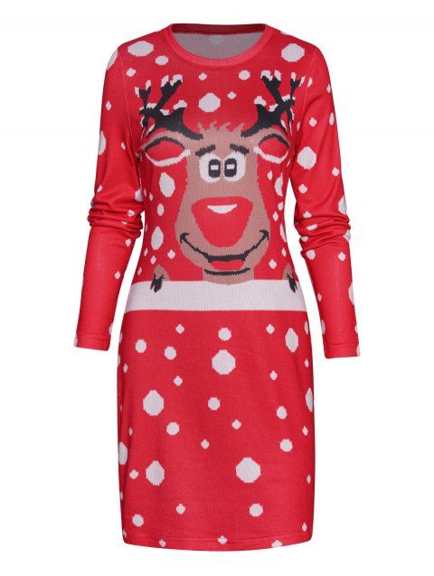 Christmas Cute Elk Graphic Knit Mini Dress Long Sleeve Round Neck Knitted Dress