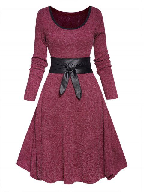 Long Sleeve Contrasting Belted Knit Dress Scoop Neck High Waist A Line Dress