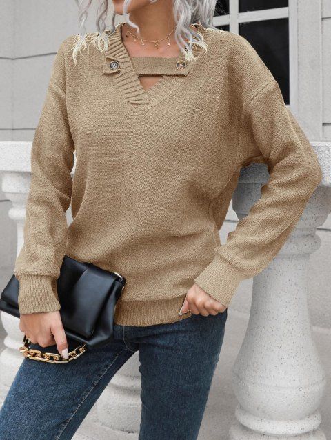 Drop Shoulder Button Sweater Long Sleeve Ribbed Solid Color Casual Sweater