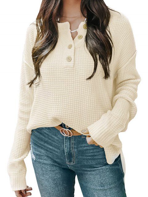 Textured Sweater Button V Notched Plain Color Long Sleeve Round Neck Pullover High Low Sweater