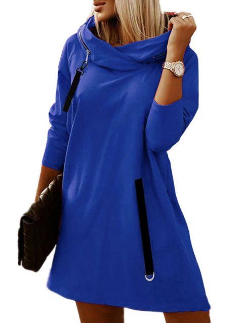 Plain Color Hoodie Dress Zipper Embellishment Long Sleeve Shift Mini Hooded Dress
