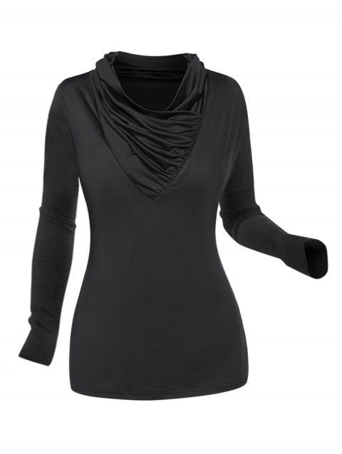 Frilled Top Plain Color Cowl Neck Long Sleeve Casual Top