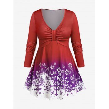 

Plus Size Snowflake Print Ruched Empire Print T-shirt, Red