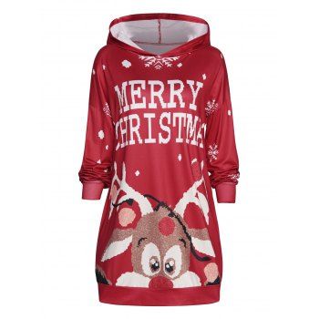 

Christmas Cute Elk Snowflake Print Hoodie Dress Drop Shoulder Long Sleeve Mini Hooded Dress, Red