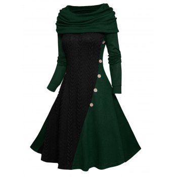 

Cable Knit Panel Long Sleeve Knit Dress Mock Button Cowl Neck A Line Knitted Dress, Deep green