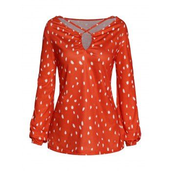 

Allover Print Crosscriss Cut Out Long Sleeve Top, Red