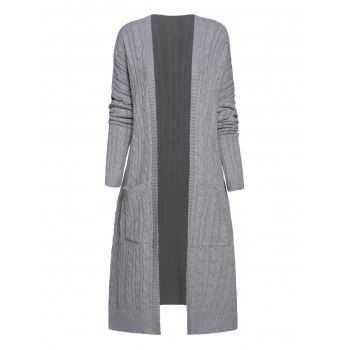 

Twisted Cable Knit Longline Sweater Cardigan Open Front Pockets Solid Color Ribbed Hem Cardigan Coat, Gray