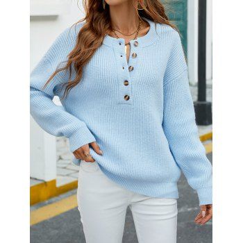 

Textured Plain Color Sweater Half Button Round Neck Pullover Long Sleeve Sweater, Light blue