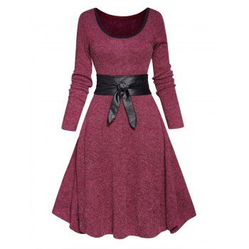 

Long Sleeve Contrasting Belted Knit Dress Scoop Neck High Waist A Line Dress, Deep red