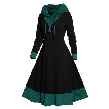 

Colorblock Textured Knit Hooded Dress O Ring Zipper Long Sleeve Drawstring Hood Knitted Dress, Multicolor