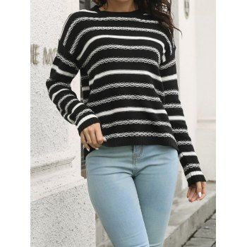 

Striped Pattern Sweater Pullover Sweater Round Neck Long Sleeve Sweater, Black