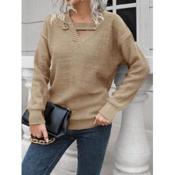 

Drop Shoulder Button Sweater Long Sleeve Ribbed Solid Color Casual Sweater, Light coffee