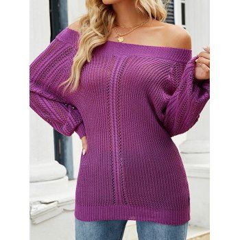 

Textured Sweater Hollow Out Off the Shoulder Sweater Plain Color Long Sleeve Pullover Sweater, Purple