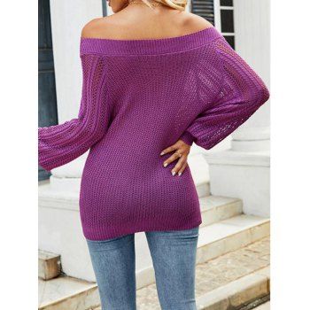 Textured Sweater Hollow Out Off the Shoulder Sweater Plain Color Long Sleeve Pullover Sweater