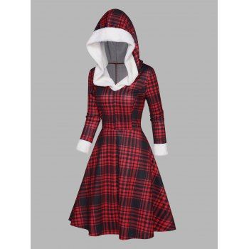 

Christmas Dress Plaid Print Faux Fur Panel High Waisted Long Sleeve A Line Mini Hooded Dress, Deep red