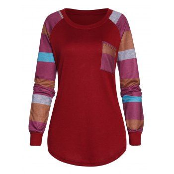 

Contrast Colorblock T Shirt Front Pocket Round Neck Long Sleeve Casual Tee, Red