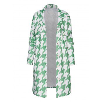 

Houndstooth Print Long Shacket Button Up Flap Pocket Patches Curved Hem Shirt Jacket, Green