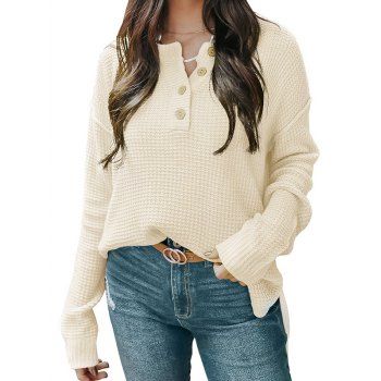 

Textured Sweater Button V Notched Plain Color Long Sleeve Round Neck Pullover High Low Sweater, Light yellow